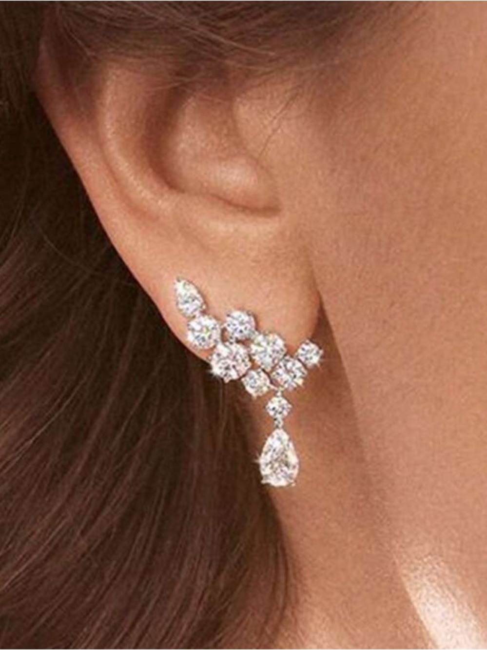 Dazzling Crystal Drop Ear Climbers - Silver Tone R 519